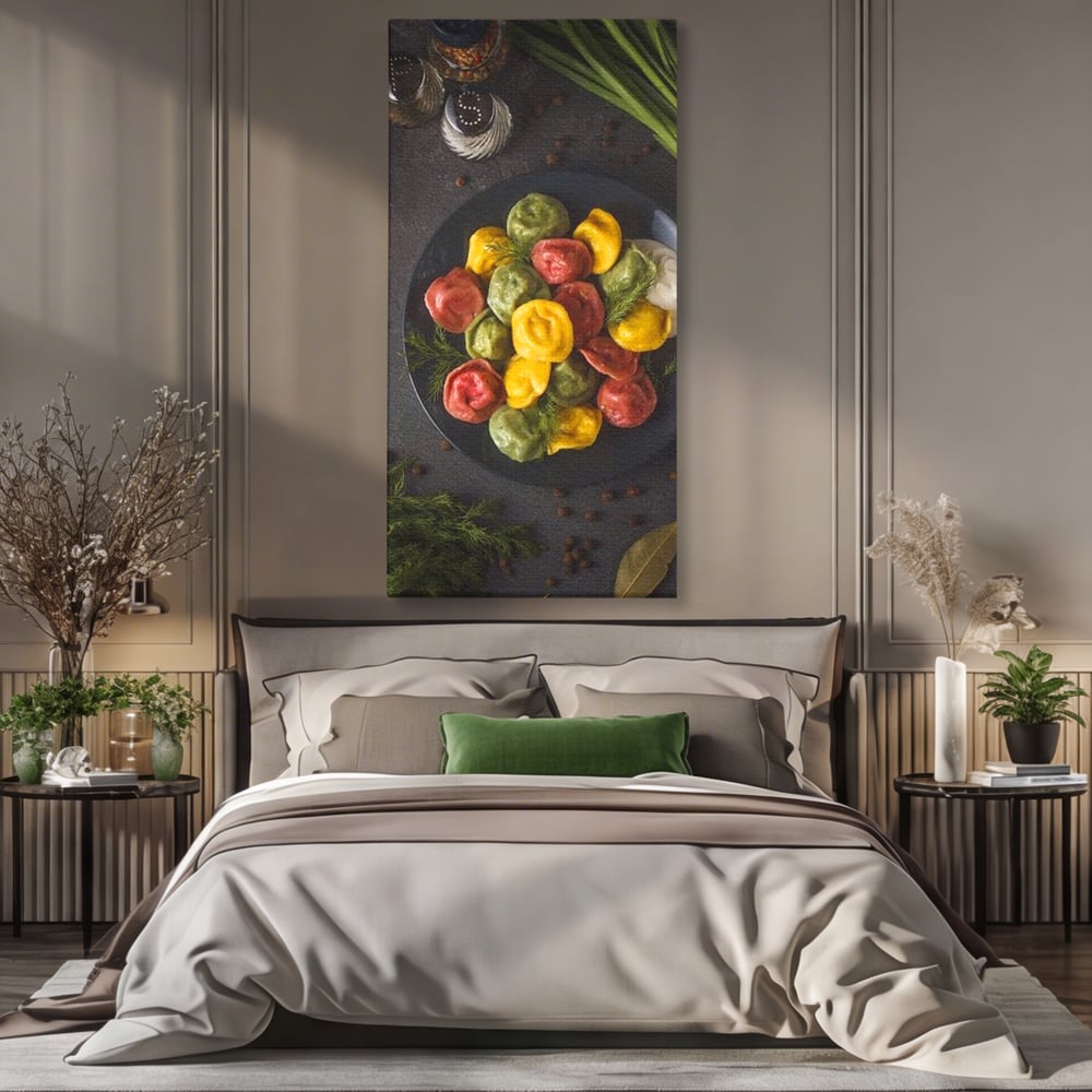 Leinwand Premium Canvas Wandbilder, LuxCanva® N1001, Farbenfreude, Pasta, Lebensmittel, Ravioli, Gastronomie, Teller, Gabel, Gabel, Italienisch, Geschmack, Gewürze, Restaurant, Küche