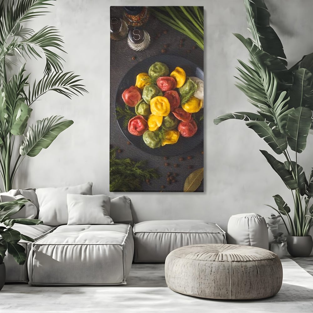 Leinwand Premium Canvas Wandbilder, LuxCanva® N1001, Farbenfreude, Pasta, Lebensmittel, Ravioli, Gastronomie, Teller, Gabel, Gabel, Italienisch, Geschmack, Gewürze, Restaurant, Küche