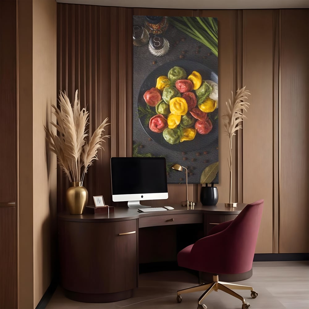 Leinwand Premium Canvas Wandbilder, LuxCanva® N1001, Farbenfreude, Pasta, Lebensmittel, Ravioli, Gastronomie, Teller, Gabel, Gabel, Italienisch, Geschmack, Gewürze, Restaurant, Küche