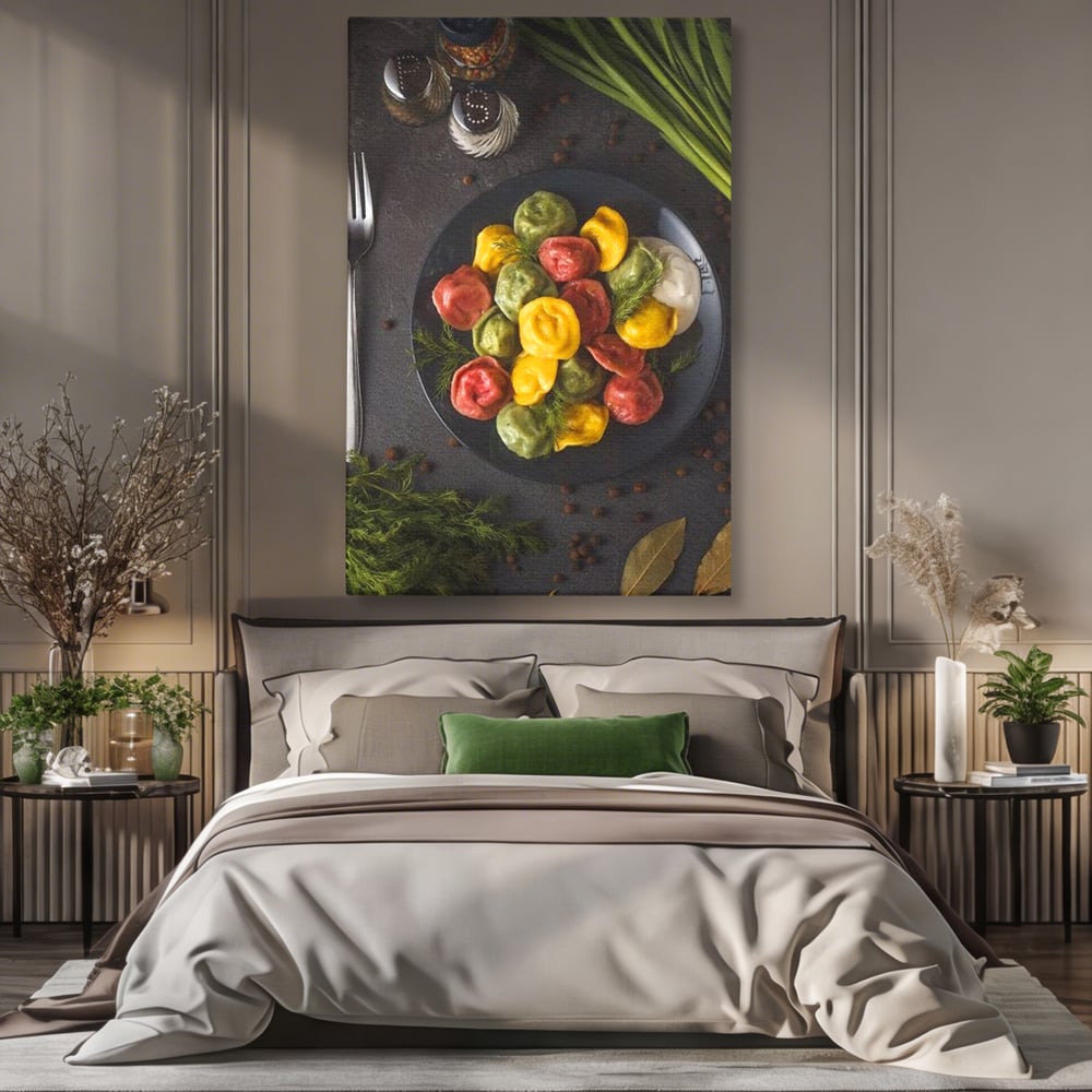 Leinwand Premium Canvas Wandbilder, LuxCanva® N1001, Farbenfreude, Pasta, Lebensmittel, Ravioli, Gastronomie, Teller, Gabel, Gabel, Italienisch, Geschmack, Gewürze, Restaurant, Küche