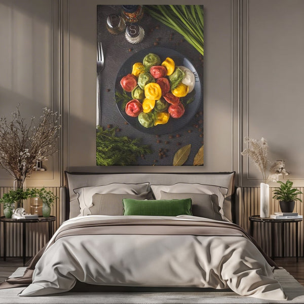 Leinwand Premium Canvas Wandbilder, LuxCanva® N1001, Farbenfreude, Pasta, Lebensmittel, Ravioli, Gastronomie, Teller, Gabel, Gabel, Italienisch, Geschmack, Gewürze, Restaurant, Küche