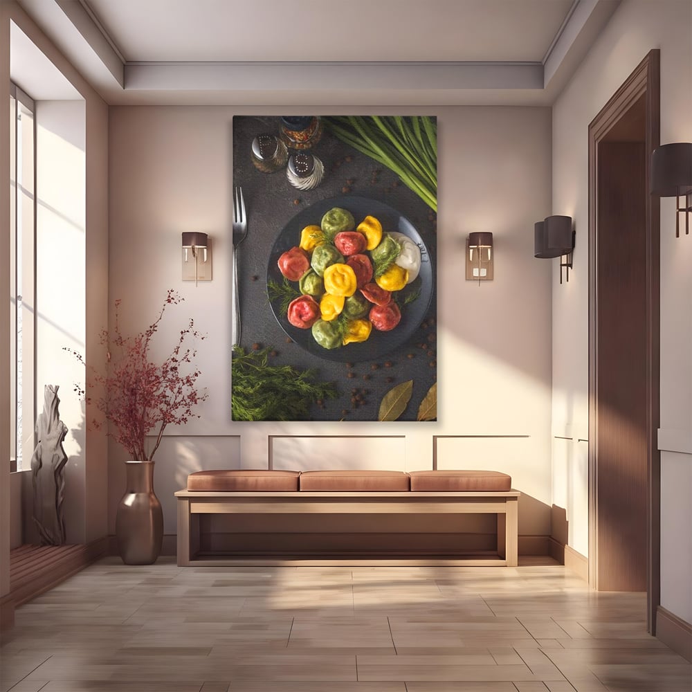 Leinwand Premium Canvas Wandbilder, LuxCanva® N1001, Farbenfreude, Pasta, Lebensmittel, Ravioli, Gastronomie, Teller, Gabel, Gabel, Italienisch, Geschmack, Gewürze, Restaurant, Küche