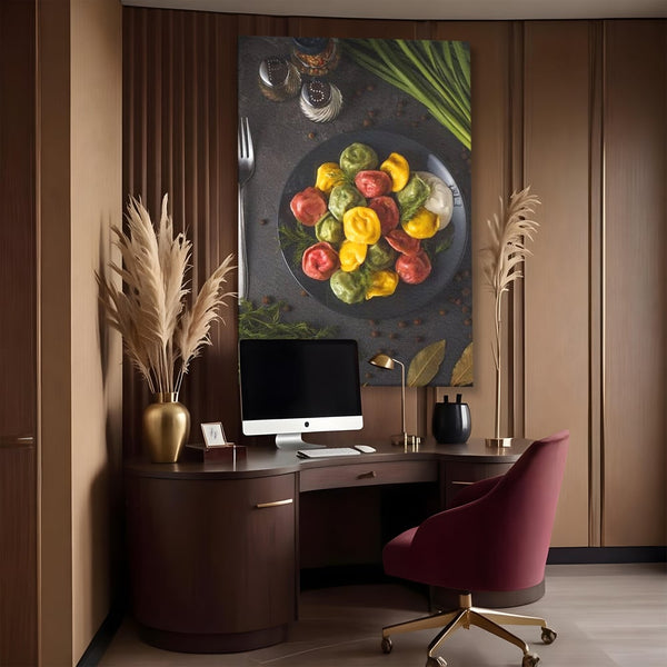 Leinwand Premium Canvas Wandbilder, LuxCanva® N1001, Farbenfreude, Pasta, Lebensmittel, Ravioli, Gastronomie, Teller, Gabel, Gabel, Italienisch, Geschmack, Gewürze, Restaurant, Küche