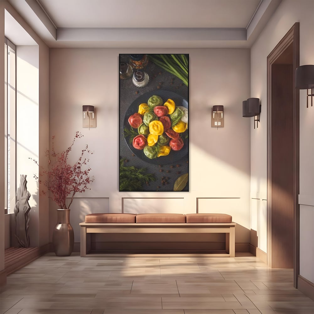 Leinwand Premium Canvas Wandbilder, LuxCanva® N1001, Farbenfreude, Pasta, Lebensmittel, Ravioli, Gastronomie, Teller, Gabel, Gabel, Italienisch, Geschmack, Gewürze, Restaurant, Küche