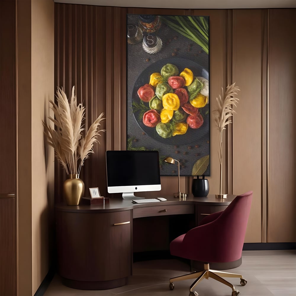 Leinwand Premium Canvas Wandbilder, LuxCanva® N1001, Farbenfreude, Pasta, Lebensmittel, Ravioli, Gastronomie, Teller, Gabel, Gabel, Italienisch, Geschmack, Gewürze, Restaurant, Küche