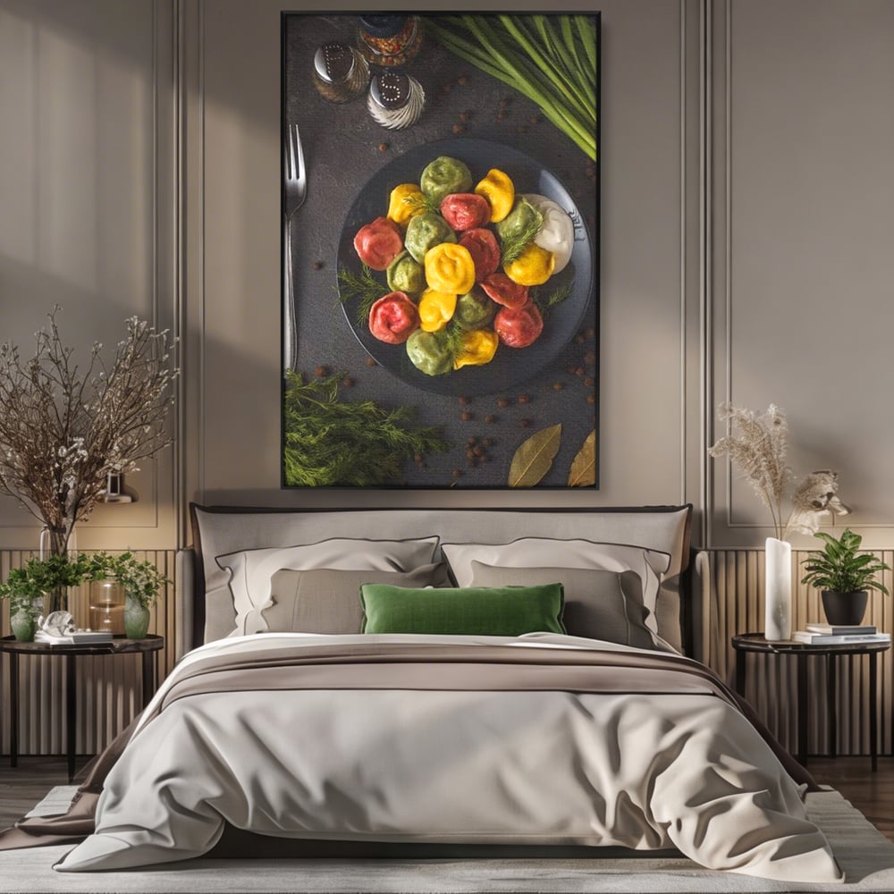 Leinwand Premium Canvas Wandbilder, LuxCanva® N1001, Farbenfreude, Pasta, Lebensmittel, Ravioli, Gastronomie, Teller, Gabel, Gabel, Italienisch, Geschmack, Gewürze, Restaurant, Küche
