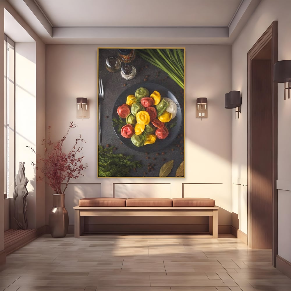 Leinwand Premium Canvas Wandbilder, LuxCanva® N1001, Farbenfreude, Pasta, Lebensmittel, Ravioli, Gastronomie, Teller, Gabel, Gabel, Italienisch, Geschmack, Gewürze, Restaurant, Küche