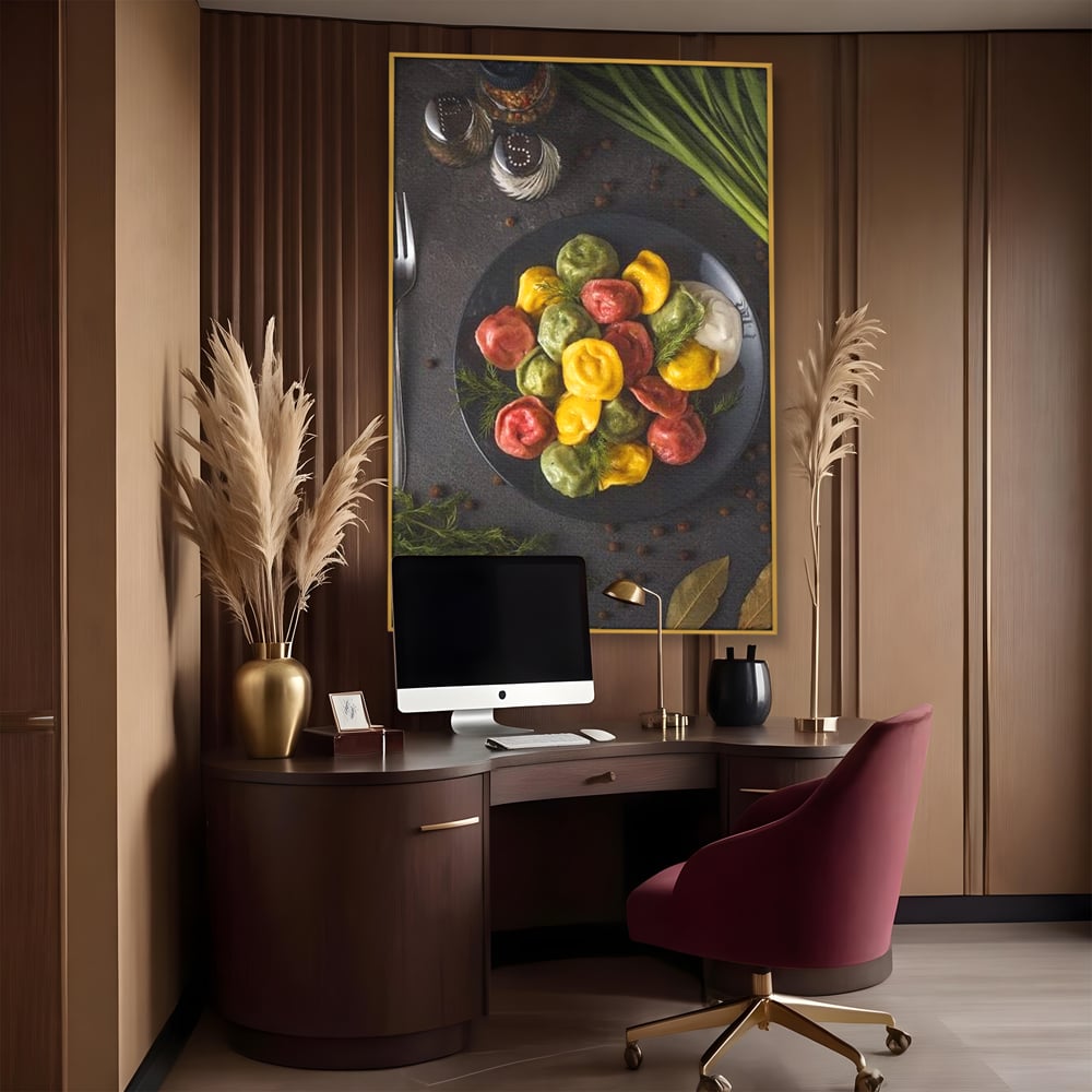 Leinwand Premium Canvas Wandbilder, LuxCanva® N1001, Farbenfreude, Pasta, Lebensmittel, Ravioli, Gastronomie, Teller, Gabel, Gabel, Italienisch, Geschmack, Gewürze, Restaurant, Küche