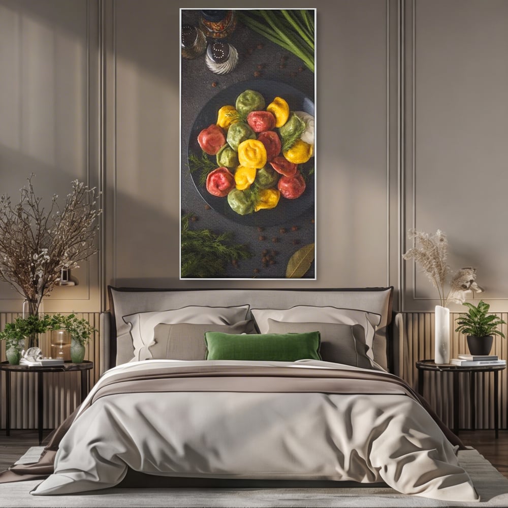 Leinwand Premium Canvas Wandbilder, LuxCanva® N1001, Farbenfreude, Pasta, Lebensmittel, Ravioli, Gastronomie, Teller, Gabel, Gabel, Italienisch, Geschmack, Gewürze, Restaurant, Küche
