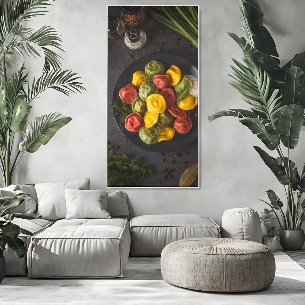 Leinwand Premium Canvas Wandbilder, LuxCanva® N1001, Farbenfreude, Pasta, Lebensmittel, Ravioli, Gastronomie, Teller, Gabel, Gabel, Italienisch, Geschmack, Gewürze, Restaurant, Küche