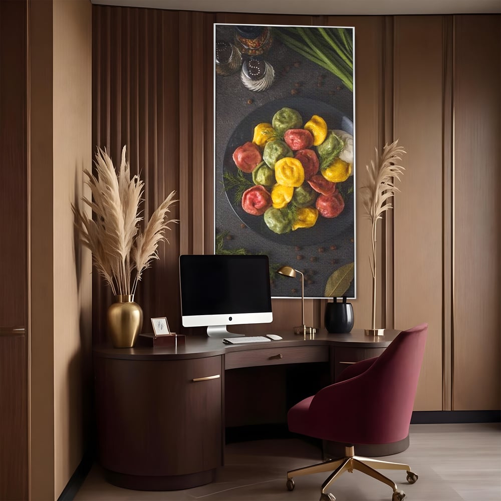 Leinwand Premium Canvas Wandbilder, LuxCanva® N1001, Farbenfreude, Pasta, Lebensmittel, Ravioli, Gastronomie, Teller, Gabel, Gabel, Italienisch, Geschmack, Gewürze, Restaurant, Küche