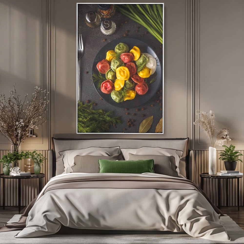 Leinwand Premium Canvas Wandbilder, LuxCanva® N1001, Farbenfreude, Pasta, Lebensmittel, Ravioli, Gastronomie, Teller, Gabel, Gabel, Italienisch, Geschmack, Gewürze, Restaurant, Küche