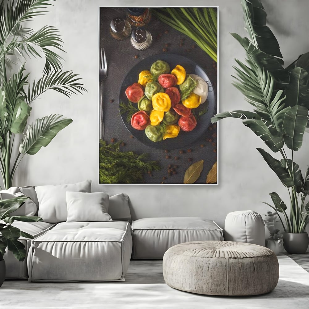 Leinwand Premium Canvas Wandbilder, LuxCanva® N1001, Farbenfreude, Pasta, Lebensmittel, Ravioli, Gastronomie, Teller, Gabel, Gabel, Italienisch, Geschmack, Gewürze, Restaurant, Küche