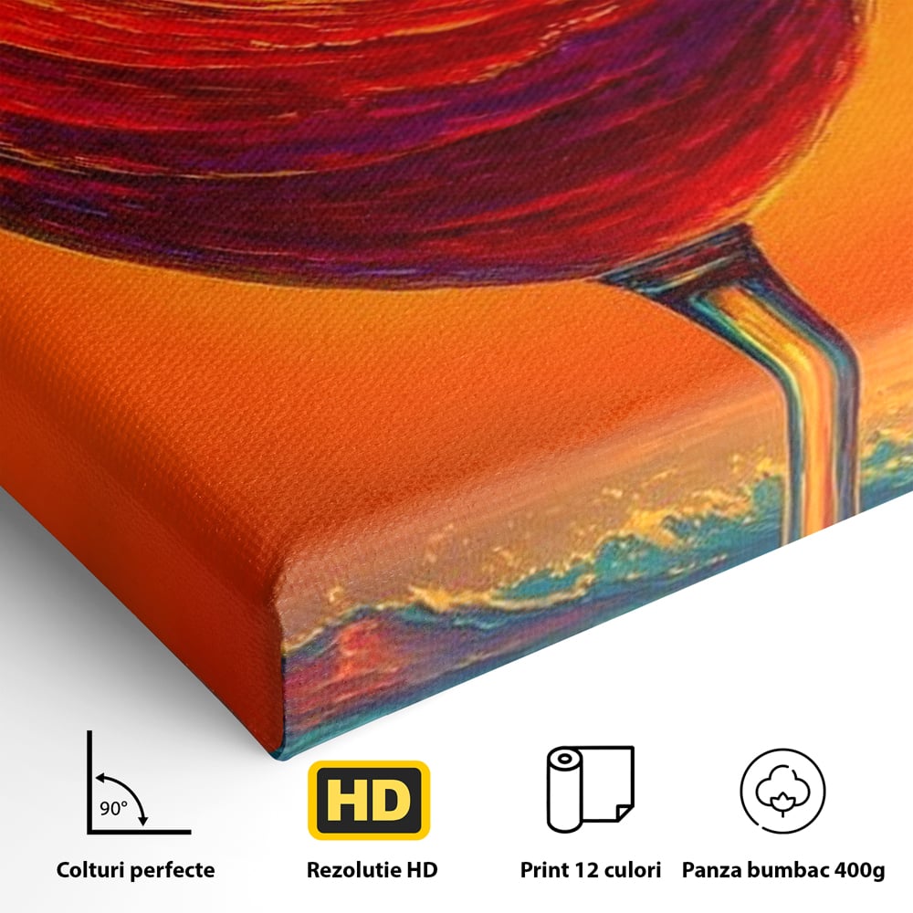 Tablou Canvas Premium, LuxCanva® N1002, Valul de Foc, Vin Rosu, Bautura, Pahar, Apus, Soare, Valuri, Apa, Mare, Exotic, Lounge, Bar, Restaurant, Bucatarie