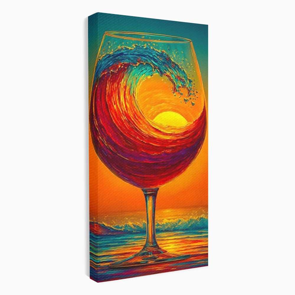 Tablou Canvas Premium, LuxCanva® N1002, Valul de Foc, Vin Rosu, Bautura, Pahar, Apus, Soare, Valuri, Apa, Mare, Exotic, Lounge, Bar, Restaurant, Bucatarie