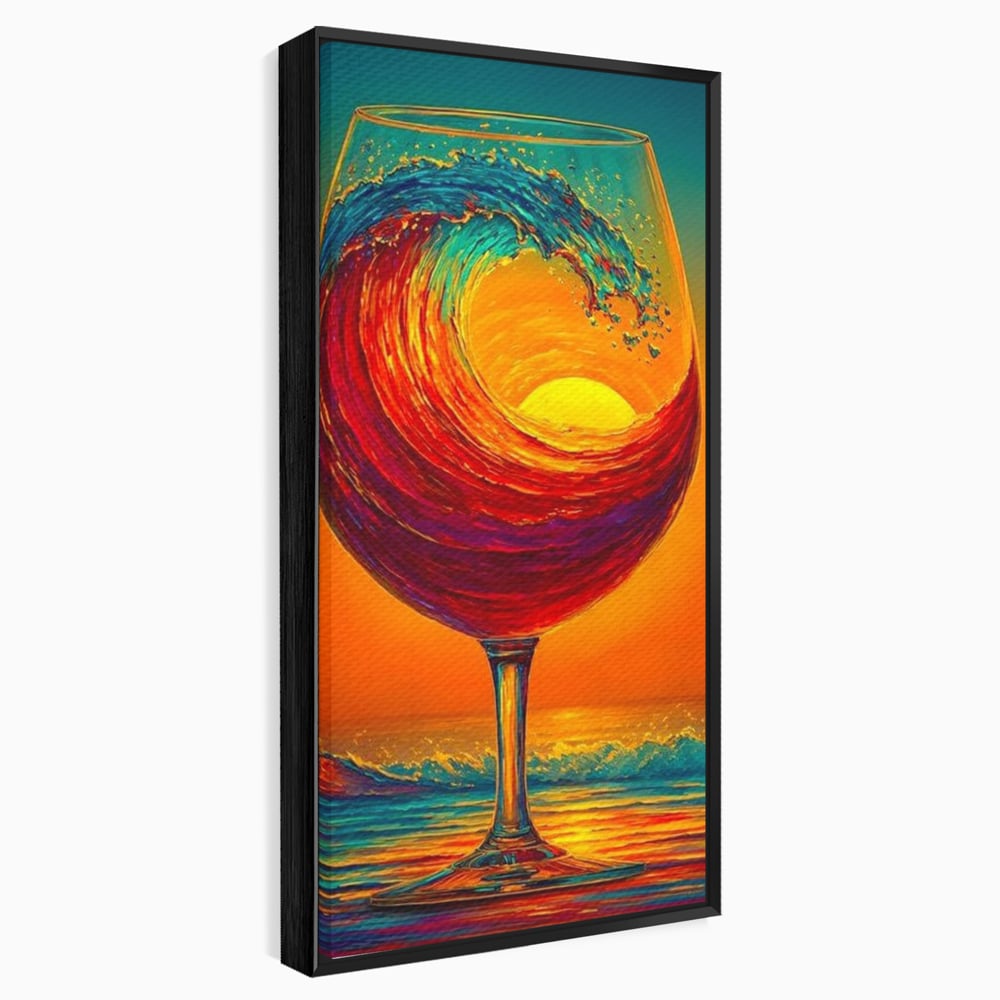 Tablou Canvas Premium, LuxCanva® N1002, Valul de Foc, Vin Rosu, Bautura, Pahar, Apus, Soare, Valuri, Apa, Mare, Exotic, Lounge, Bar, Restaurant, Bucatarie
