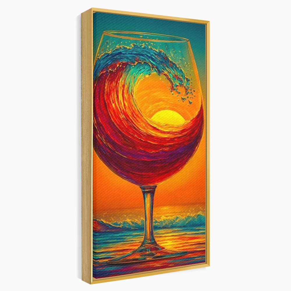 Tablou Canvas Premium, LuxCanva® N1002, Valul de Foc, Vin Rosu, Bautura, Pahar, Apus, Soare, Valuri, Apa, Mare, Exotic, Lounge, Bar, Restaurant, Bucatarie