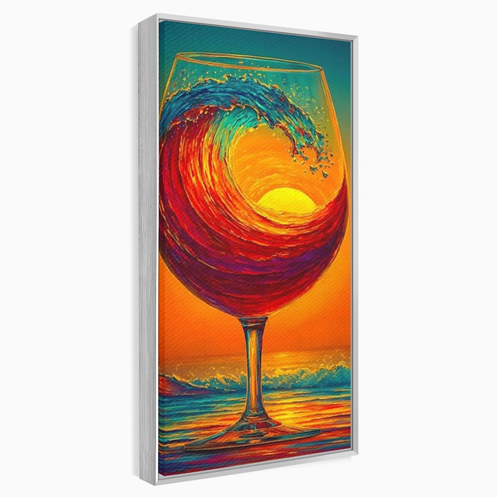 Tablou Canvas Premium, LuxCanva® N1002, Valul de Foc, Vin Rosu, Bautura, Pahar, Apus, Soare, Valuri, Apa, Mare, Exotic, Lounge, Bar, Restaurant, Bucatarie