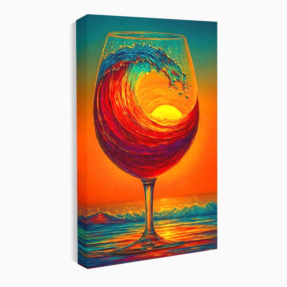 Tablou Canvas Premium, LuxCanva® N1002, Valul de Foc, Vin Rosu, Bautura, Pahar, Apus, Soare, Valuri, Apa, Mare, Exotic, Lounge, Bar, Restaurant, Bucatarie