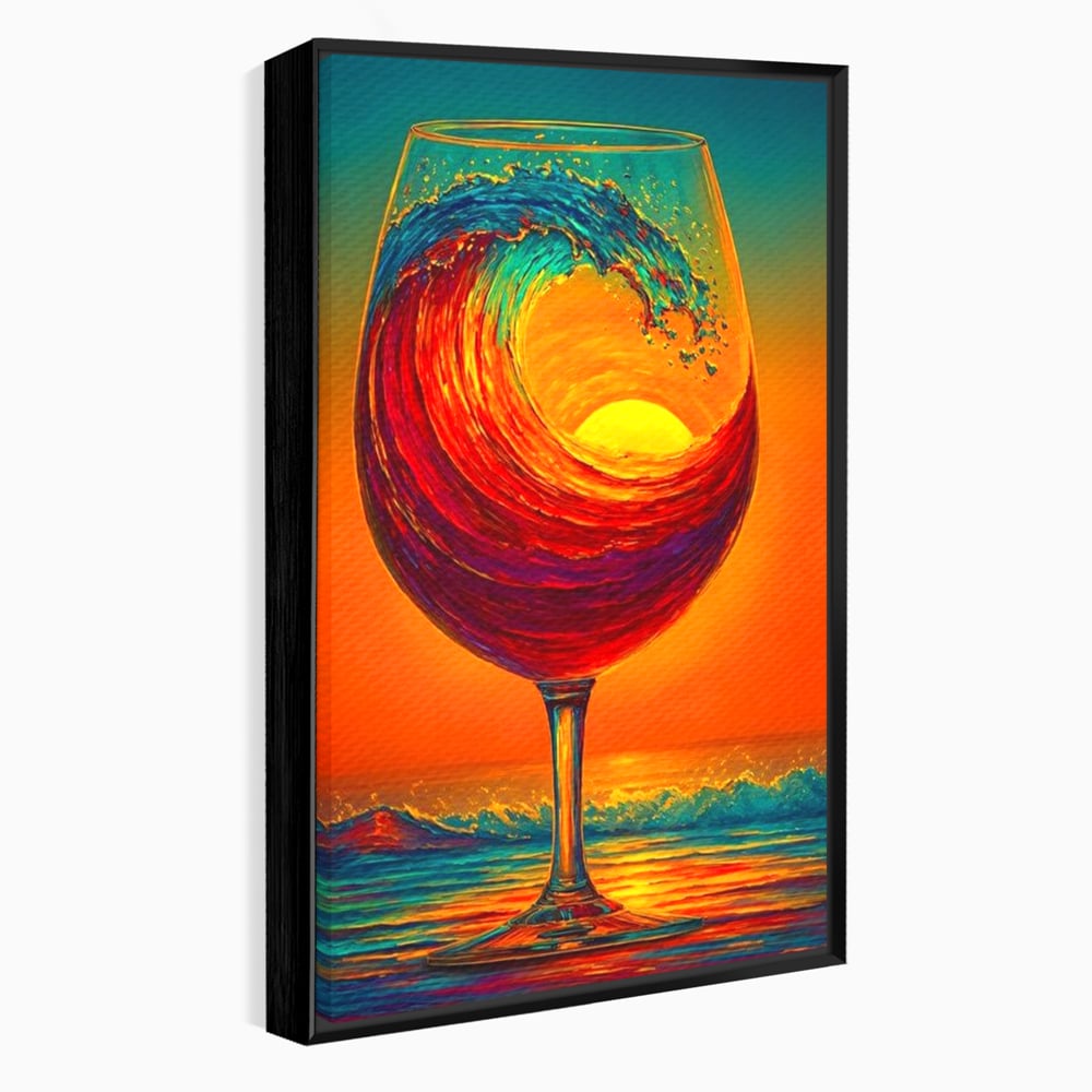 Tablou Canvas Premium, LuxCanva® N1002, Valul de Foc, Vin Rosu, Bautura, Pahar, Apus, Soare, Valuri, Apa, Mare, Exotic, Lounge, Bar, Restaurant, Bucatarie