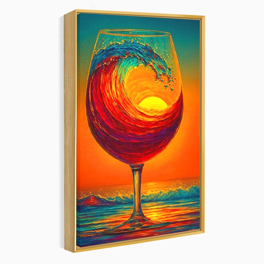 Tablou Canvas Premium, LuxCanva® N1002, Valul de Foc, Vin Rosu, Bautura, Pahar, Apus, Soare, Valuri, Apa, Mare, Exotic, Lounge, Bar, Restaurant, Bucatarie
