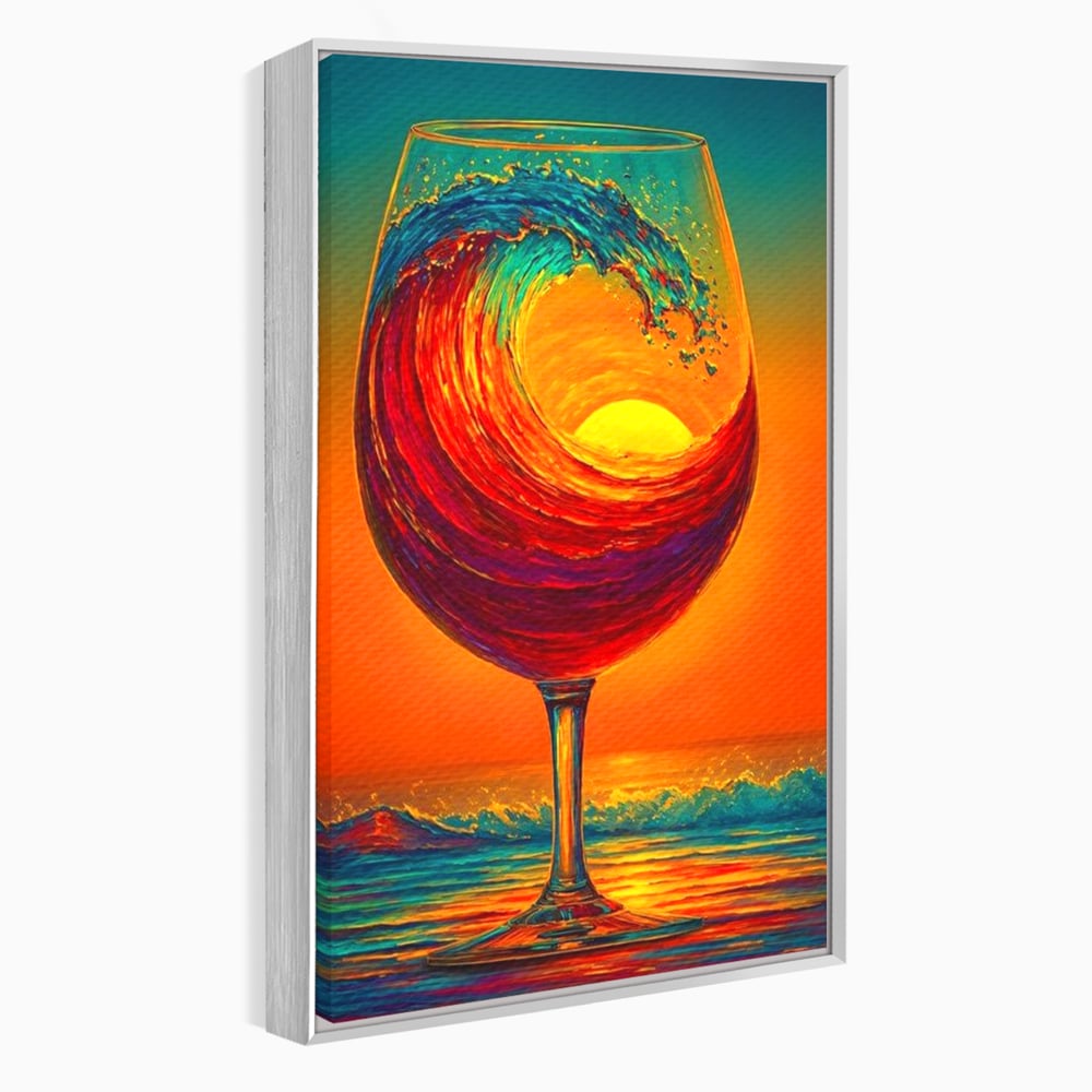 Tablou Canvas Premium, LuxCanva® N1002, Valul de Foc, Vin Rosu, Bautura, Pahar, Apus, Soare, Valuri, Apa, Mare, Exotic, Lounge, Bar, Restaurant, Bucatarie