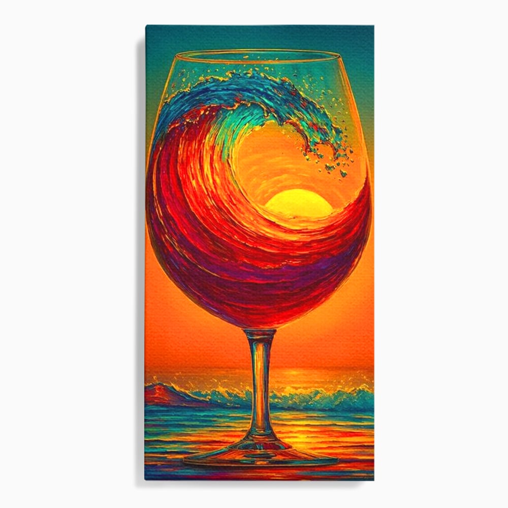 Tablou Canvas Premium, LuxCanva® N1002, Valul de Foc, Vin Rosu, Bautura, Pahar, Apus, Soare, Valuri, Apa, Mare, Exotic, Lounge, Bar, Restaurant, Bucatarie