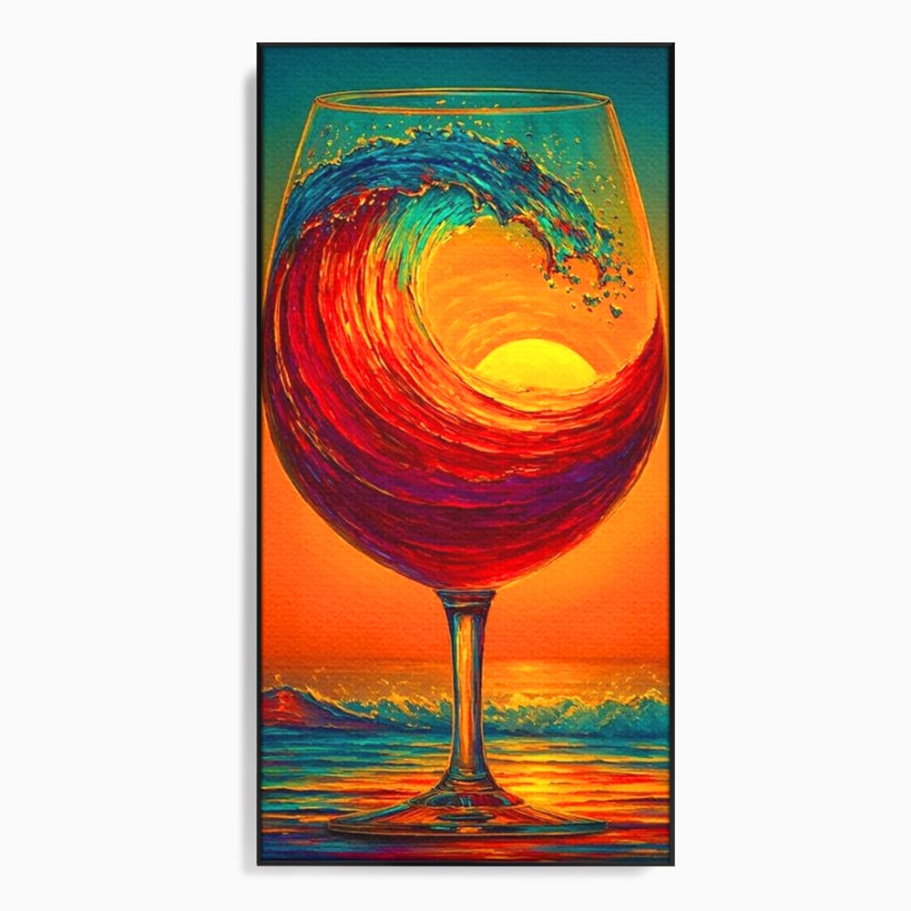 Tablou Canvas Premium, LuxCanva® N1002, Valul de Foc, Vin Rosu, Bautura, Pahar, Apus, Soare, Valuri, Apa, Mare, Exotic, Lounge, Bar, Restaurant, Bucatarie