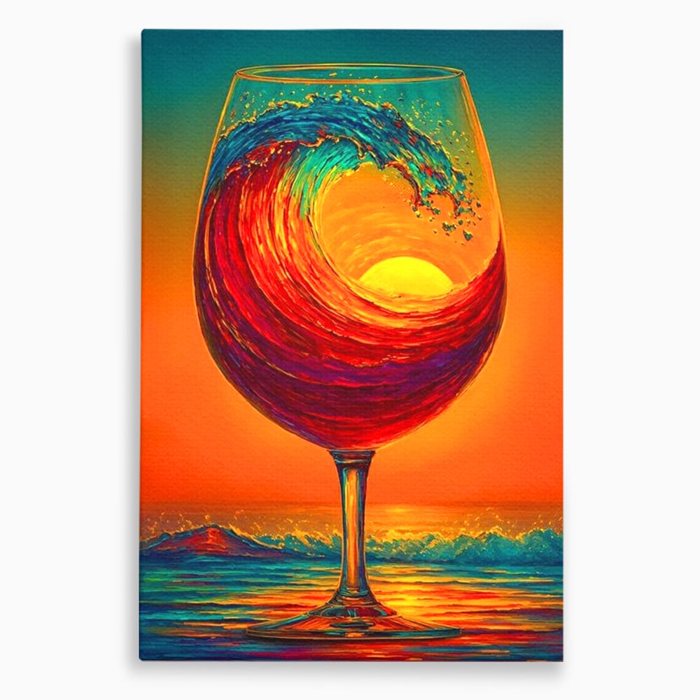 Tablou Canvas Premium, LuxCanva® N1002, Valul de Foc, Vin Rosu, Bautura, Pahar, Apus, Soare, Valuri, Apa, Mare, Exotic, Lounge, Bar, Restaurant, Bucatarie