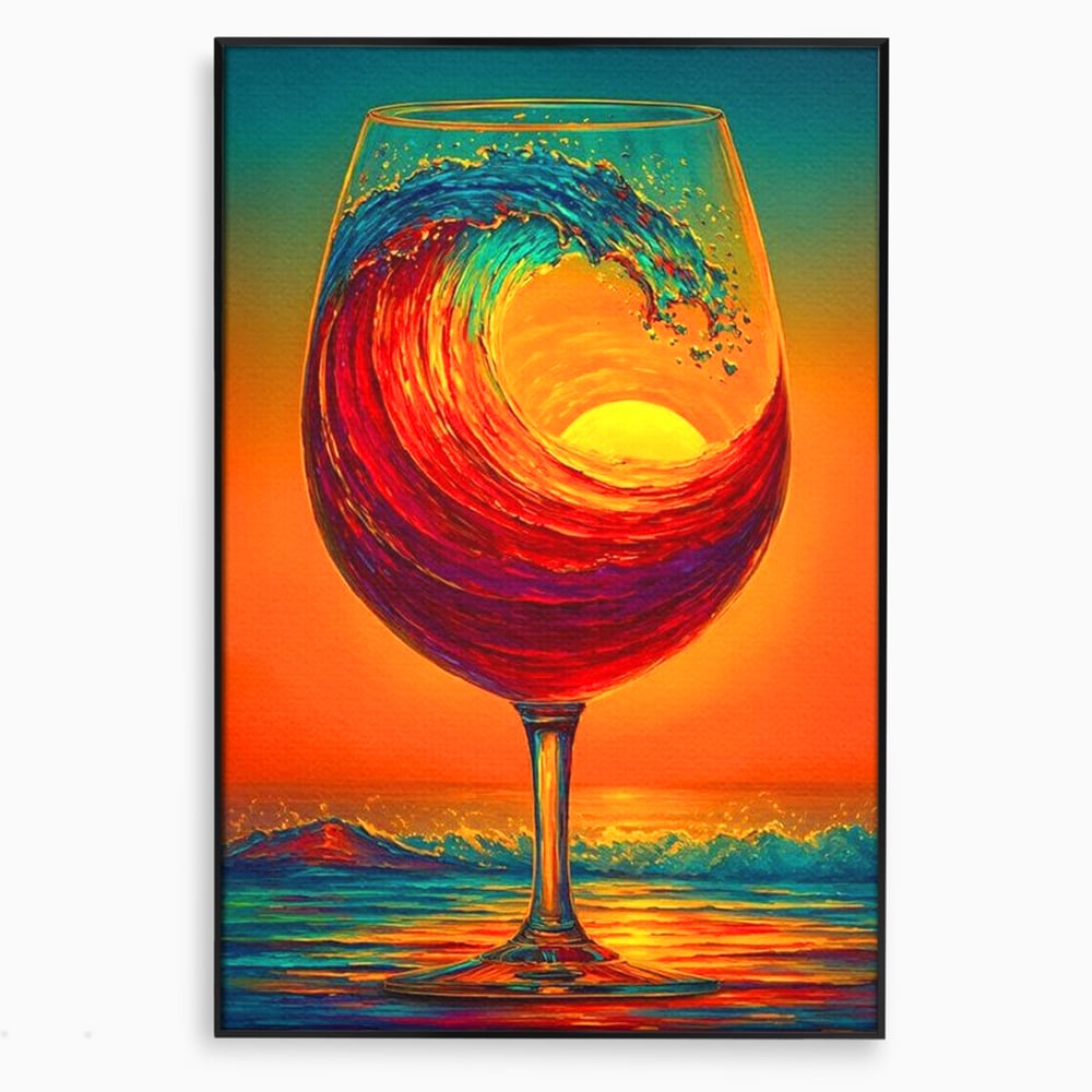 Tablou Canvas Premium, LuxCanva® N1002, Valul de Foc, Vin Rosu, Bautura, Pahar, Apus, Soare, Valuri, Apa, Mare, Exotic, Lounge, Bar, Restaurant, Bucatarie