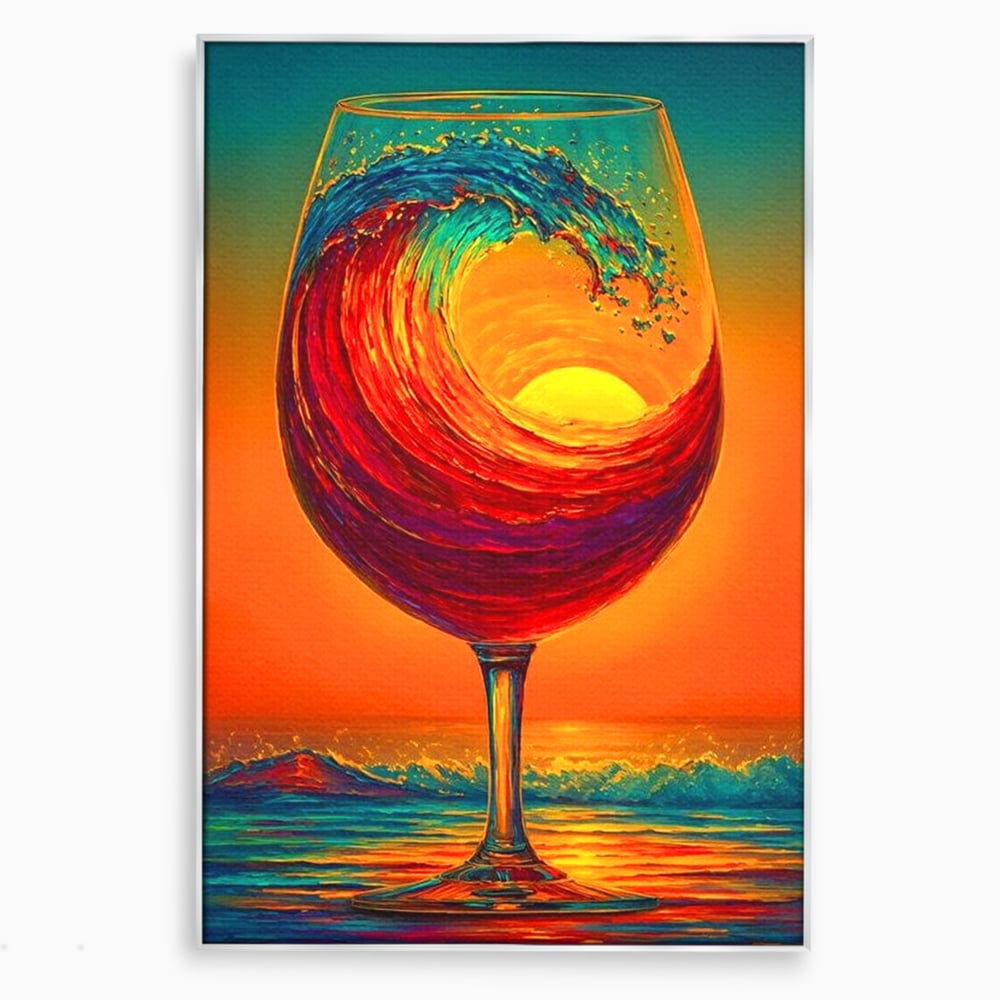 Tablou Canvas Premium, LuxCanva® N1002, Valul de Foc, Vin Rosu, Bautura, Pahar, Apus, Soare, Valuri, Apa, Mare, Exotic, Lounge, Bar, Restaurant, Bucatarie