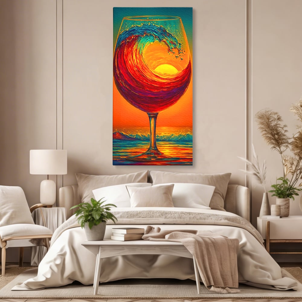 Tablou Canvas Premium, LuxCanva® N1002, Valul de Foc, Vin Rosu, Bautura, Pahar, Apus, Soare, Valuri, Apa, Mare, Exotic, Lounge, Bar, Restaurant, Bucatarie