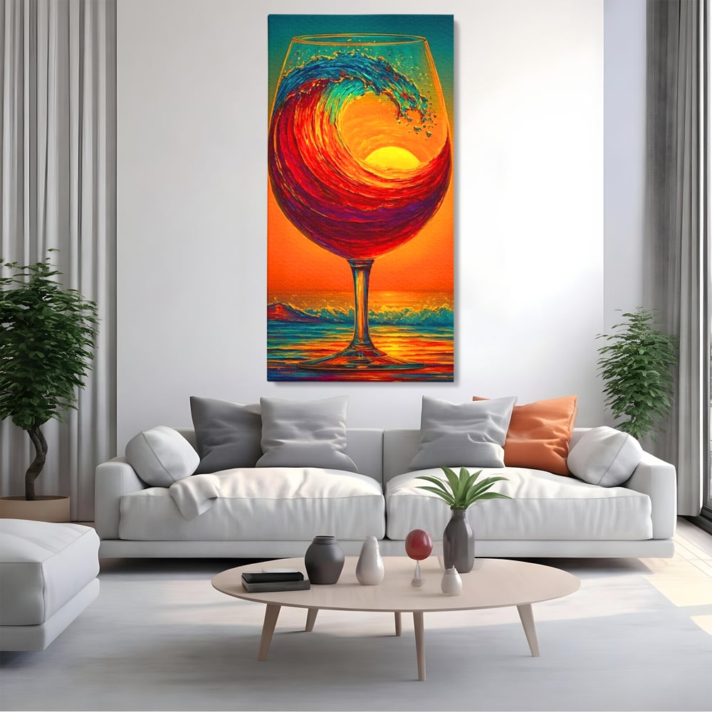 Tablou Canvas Premium, LuxCanva® N1002, Valul de Foc, Vin Rosu, Bautura, Pahar, Apus, Soare, Valuri, Apa, Mare, Exotic, Lounge, Bar, Restaurant, Bucatarie