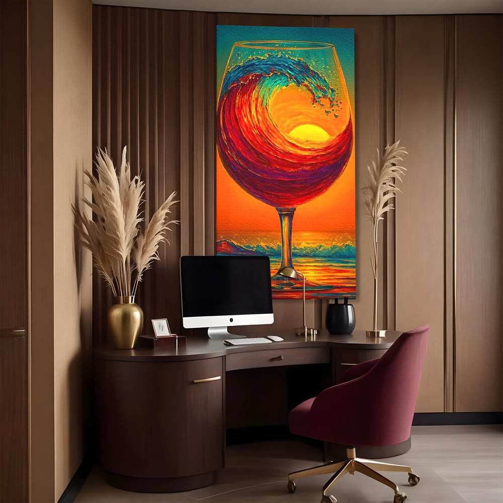 Tablou Canvas Premium, LuxCanva® N1002, Valul de Foc, Vin Rosu, Bautura, Pahar, Apus, Soare, Valuri, Apa, Mare, Exotic, Lounge, Bar, Restaurant, Bucatarie