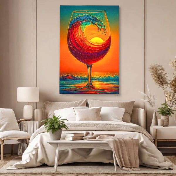 Tablou Canvas Premium, LuxCanva® N1002, Valul de Foc, Vin Rosu, Bautura, Pahar, Apus, Soare, Valuri, Apa, Mare, Exotic, Lounge, Bar, Restaurant, Bucatarie