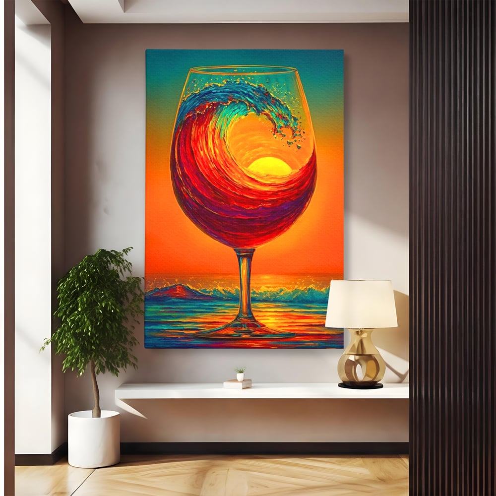 Tablou Canvas Premium, LuxCanva® N1002, Valul de Foc, Vin Rosu, Bautura, Pahar, Apus, Soare, Valuri, Apa, Mare, Exotic, Lounge, Bar, Restaurant, Bucatarie