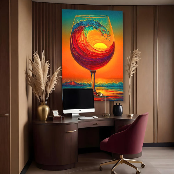 Tablou Canvas Premium, LuxCanva® N1002, Valul de Foc, Vin Rosu, Bautura, Pahar, Apus, Soare, Valuri, Apa, Mare, Exotic, Lounge, Bar, Restaurant, Bucatarie