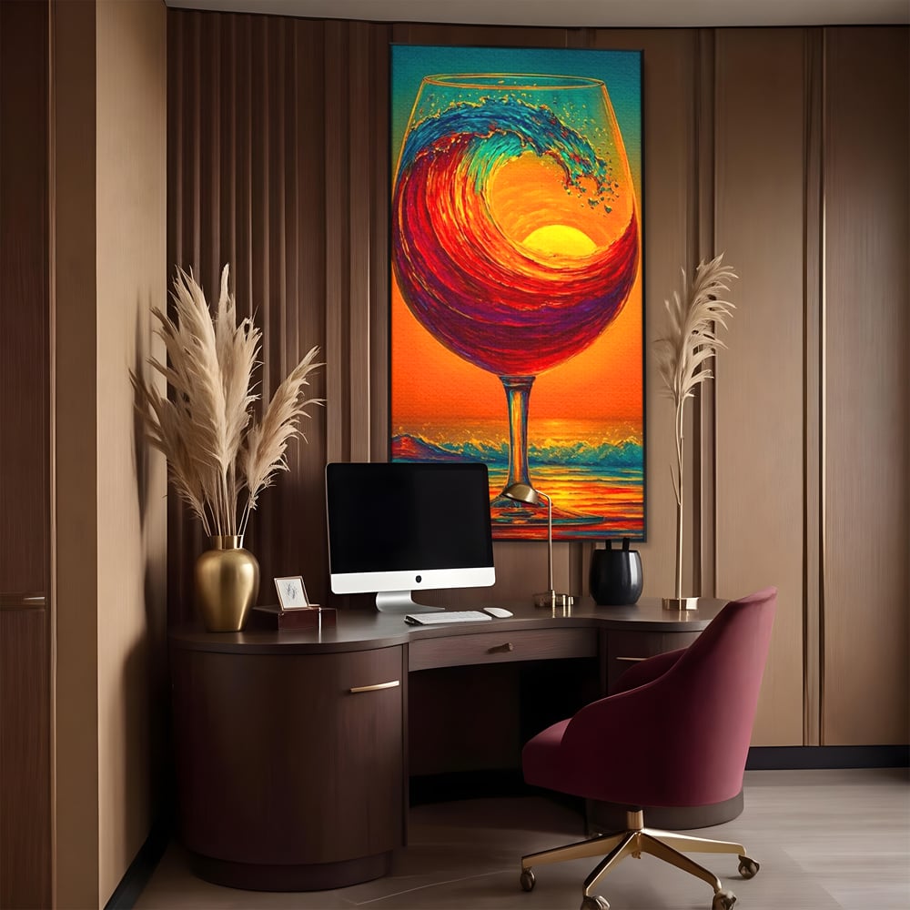 Tablou Canvas Premium, LuxCanva® N1002, Valul de Foc, Vin Rosu, Bautura, Pahar, Apus, Soare, Valuri, Apa, Mare, Exotic, Lounge, Bar, Restaurant, Bucatarie