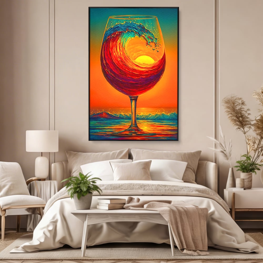Tablou Canvas Premium, LuxCanva® N1002, Valul de Foc, Vin Rosu, Bautura, Pahar, Apus, Soare, Valuri, Apa, Mare, Exotic, Lounge, Bar, Restaurant, Bucatarie