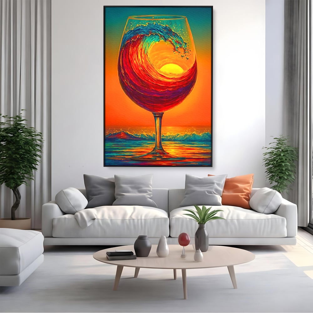 Tablou Canvas Premium, LuxCanva® N1002, Valul de Foc, Vin Rosu, Bautura, Pahar, Apus, Soare, Valuri, Apa, Mare, Exotic, Lounge, Bar, Restaurant, Bucatarie