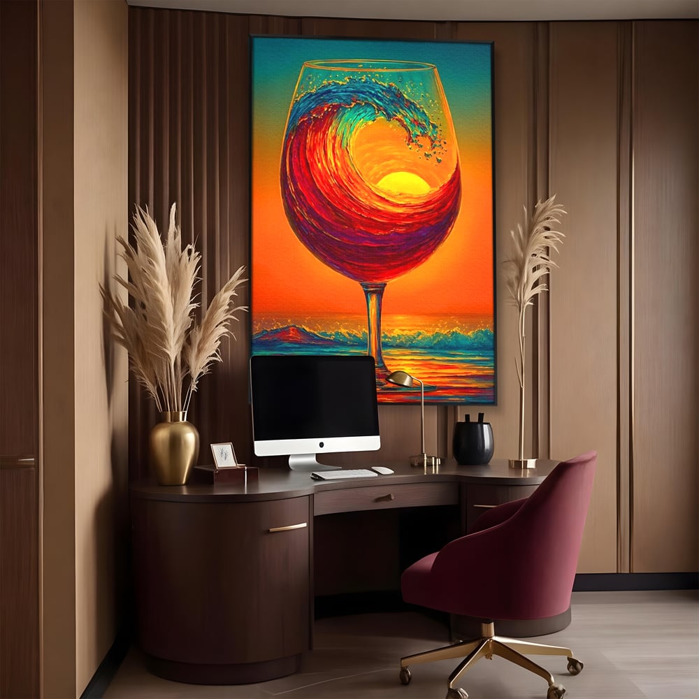 Tablou Canvas Premium, LuxCanva® N1002, Valul de Foc, Vin Rosu, Bautura, Pahar, Apus, Soare, Valuri, Apa, Mare, Exotic, Lounge, Bar, Restaurant, Bucatarie