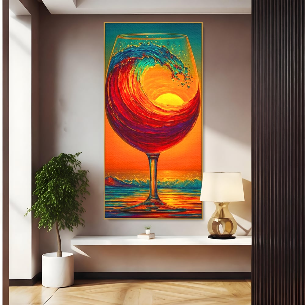 Tablou Canvas Premium, LuxCanva® N1002, Valul de Foc, Vin Rosu, Bautura, Pahar, Apus, Soare, Valuri, Apa, Mare, Exotic, Lounge, Bar, Restaurant, Bucatarie