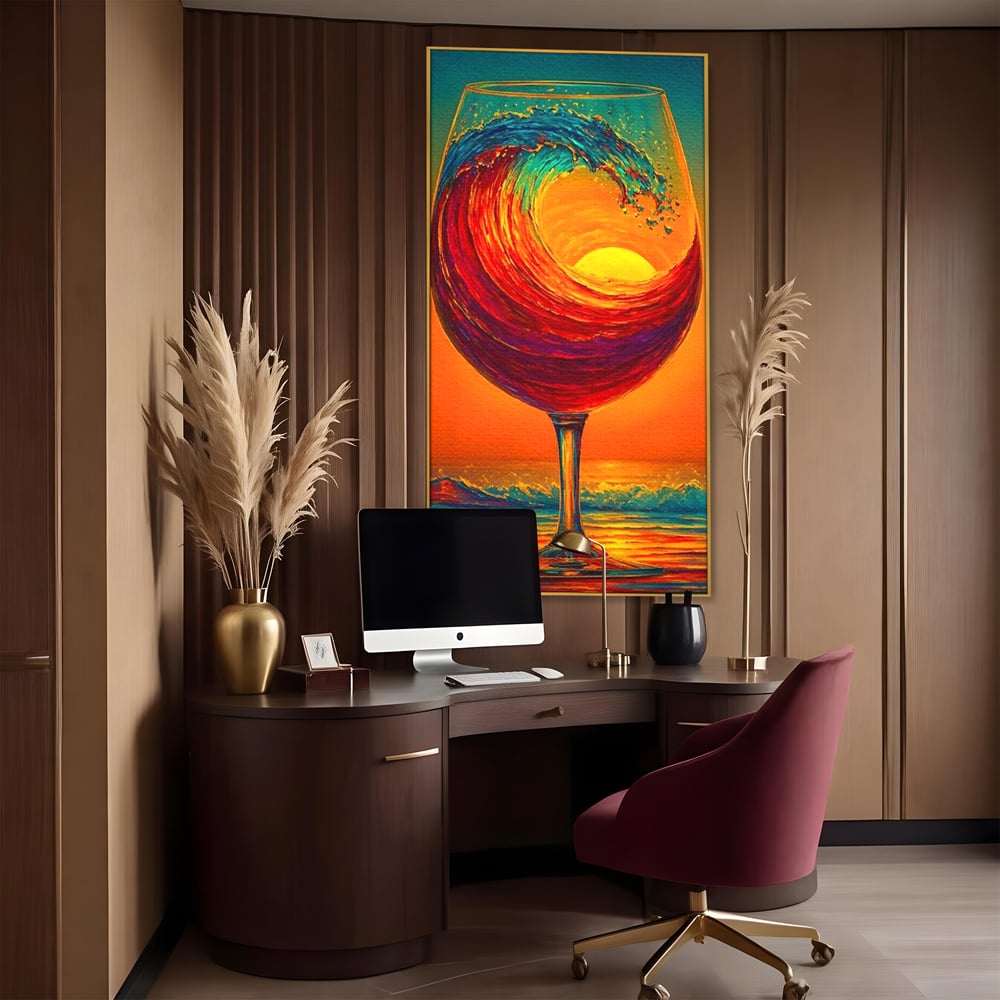 Tablou Canvas Premium, LuxCanva® N1002, Valul de Foc, Vin Rosu, Bautura, Pahar, Apus, Soare, Valuri, Apa, Mare, Exotic, Lounge, Bar, Restaurant, Bucatarie