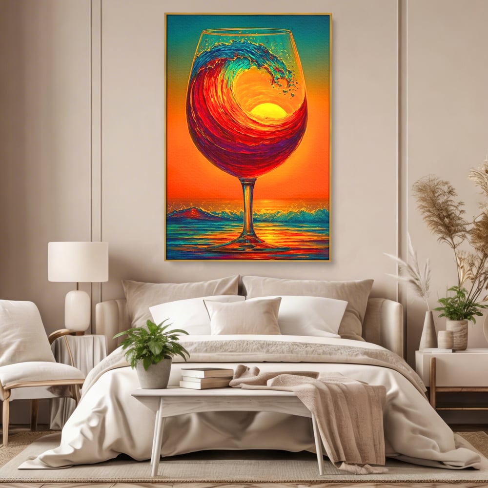 Tablou Canvas Premium, LuxCanva® N1002, Valul de Foc, Vin Rosu, Bautura, Pahar, Apus, Soare, Valuri, Apa, Mare, Exotic, Lounge, Bar, Restaurant, Bucatarie