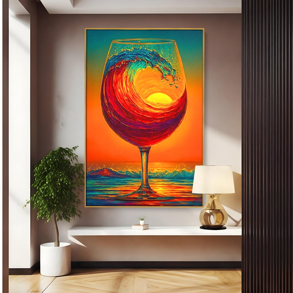 Tablou Canvas Premium, LuxCanva® N1002, Valul de Foc, Vin Rosu, Bautura, Pahar, Apus, Soare, Valuri, Apa, Mare, Exotic, Lounge, Bar, Restaurant, Bucatarie