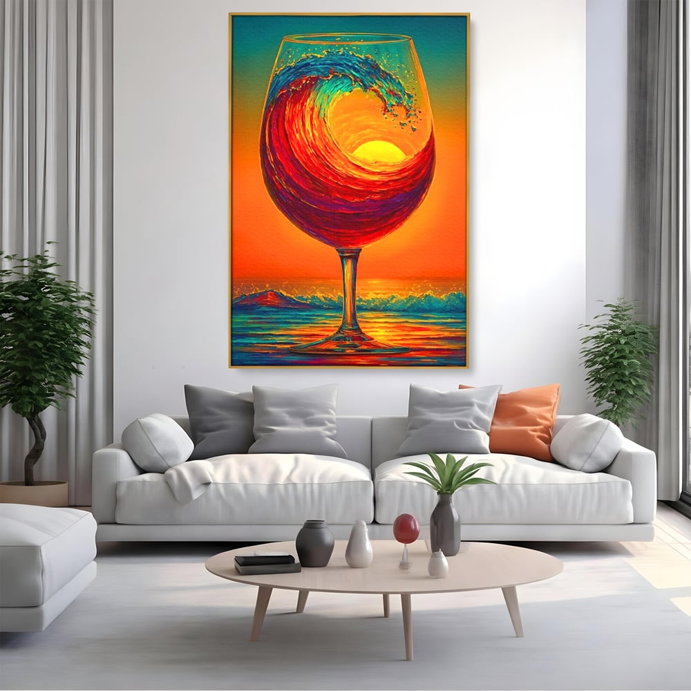 Tablou Canvas Premium, LuxCanva® N1002, Valul de Foc, Vin Rosu, Bautura, Pahar, Apus, Soare, Valuri, Apa, Mare, Exotic, Lounge, Bar, Restaurant, Bucatarie