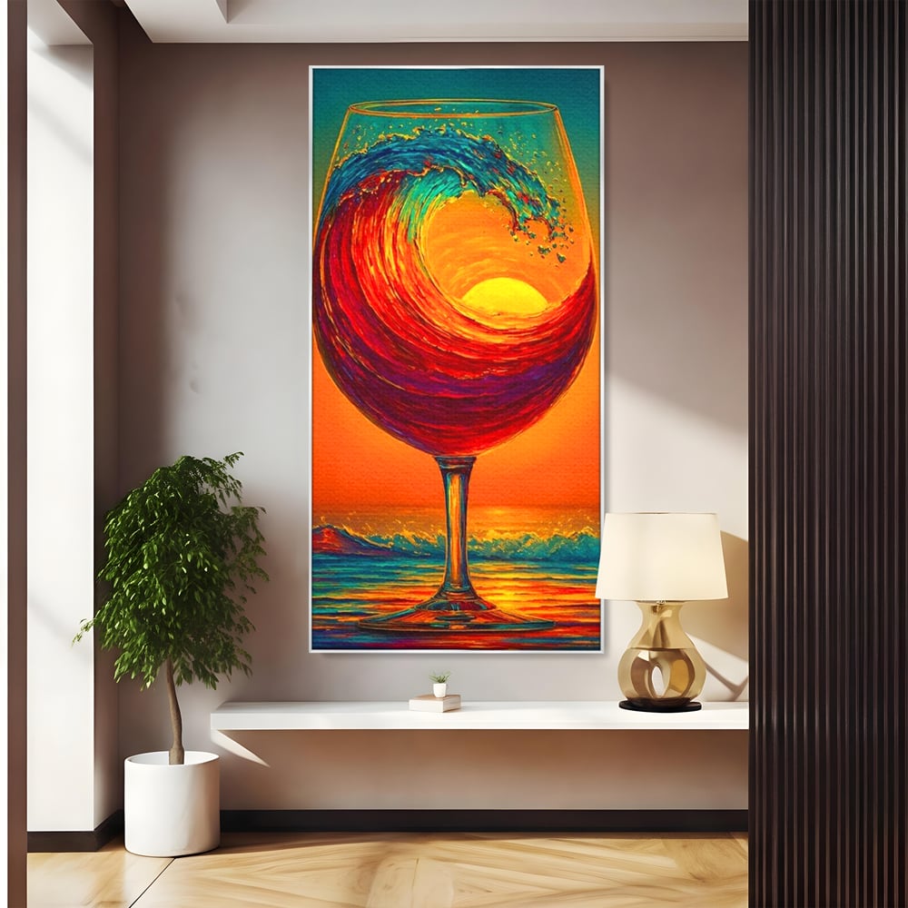 Tablou Canvas Premium, LuxCanva® N1002, Valul de Foc, Vin Rosu, Bautura, Pahar, Apus, Soare, Valuri, Apa, Mare, Exotic, Lounge, Bar, Restaurant, Bucatarie