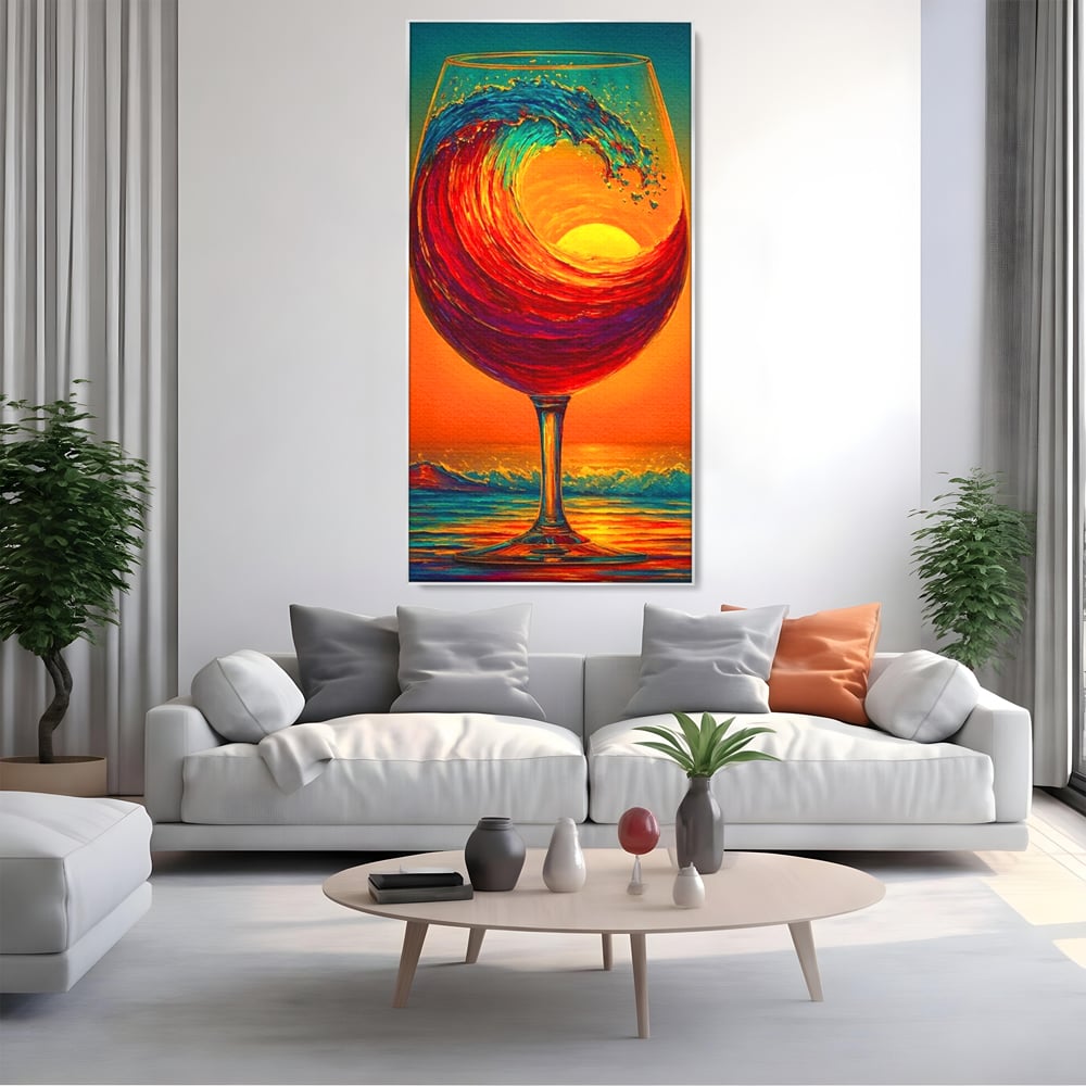 Tablou Canvas Premium, LuxCanva® N1002, Valul de Foc, Vin Rosu, Bautura, Pahar, Apus, Soare, Valuri, Apa, Mare, Exotic, Lounge, Bar, Restaurant, Bucatarie
