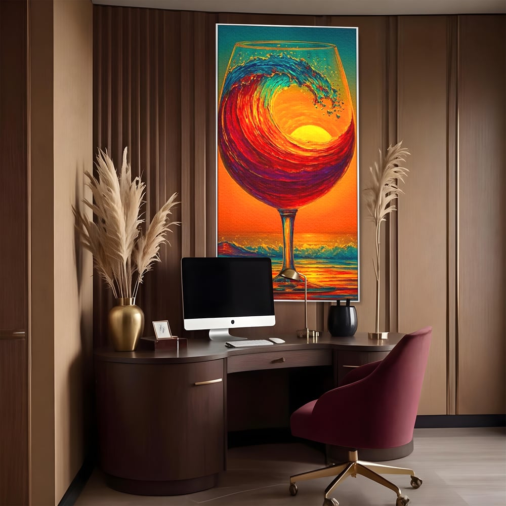 Tablou Canvas Premium, LuxCanva® N1002, Valul de Foc, Vin Rosu, Bautura, Pahar, Apus, Soare, Valuri, Apa, Mare, Exotic, Lounge, Bar, Restaurant, Bucatarie