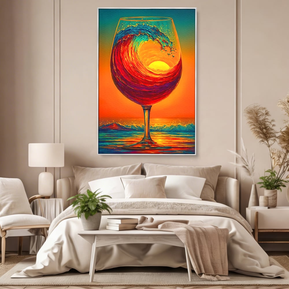 Tablou Canvas Premium, LuxCanva® N1002, Valul de Foc, Vin Rosu, Bautura, Pahar, Apus, Soare, Valuri, Apa, Mare, Exotic, Lounge, Bar, Restaurant, Bucatarie